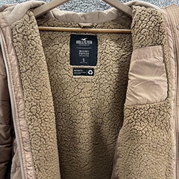 Hollister Puffer Jacket Women's Small Tan Sherpa-Lined Hooded - Picture 5 of 11